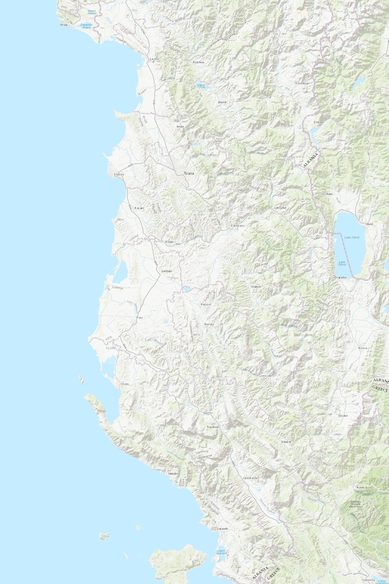 Map of the Albanian coast from Krujë to Sarandë with the three pick-up points marked