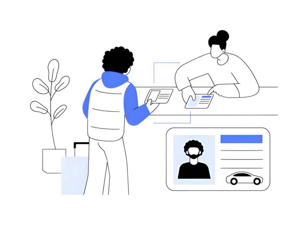 International Driving Permit for Albania: Do You Need One? 1 Illustration of a person applying for an International Driving Permit at a rental agency counter, showing a digital ID with a car icon, suitcases, and a potted plant in the background.