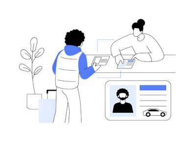 Illustration of a person applying for an International Driving Permit at a rental agency counter, showing a digital ID with a car icon, suitcases, and a potted plant in the background.