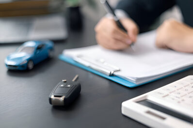 Car rental desk with a key, toy car, calculator, and paperwork, highlighting affordable car rental options in Albania for budget travel.